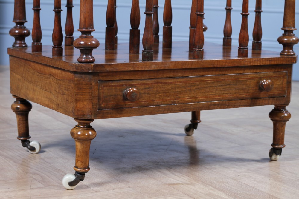 Antique Original Victorian Walnut Inlaid Turned Canterbury With Drawer 1860 View XIX