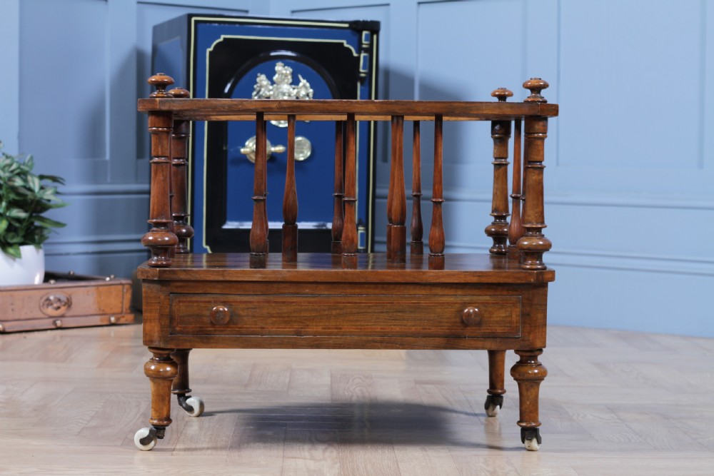 Antique Original Victorian Walnut Inlaid Turned Canterbury With Drawer 1860 View XXI