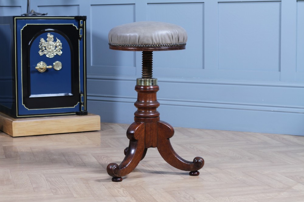 Antique Early Victorian Mahogany & Leather Revolving Piano Dressing Table Stool C1840 View IV