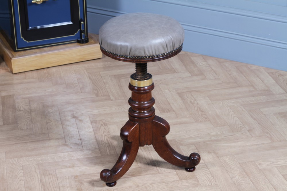 Antique Early Victorian Mahogany & Leather Revolving Piano Dressing Table Stool C1840 View VI