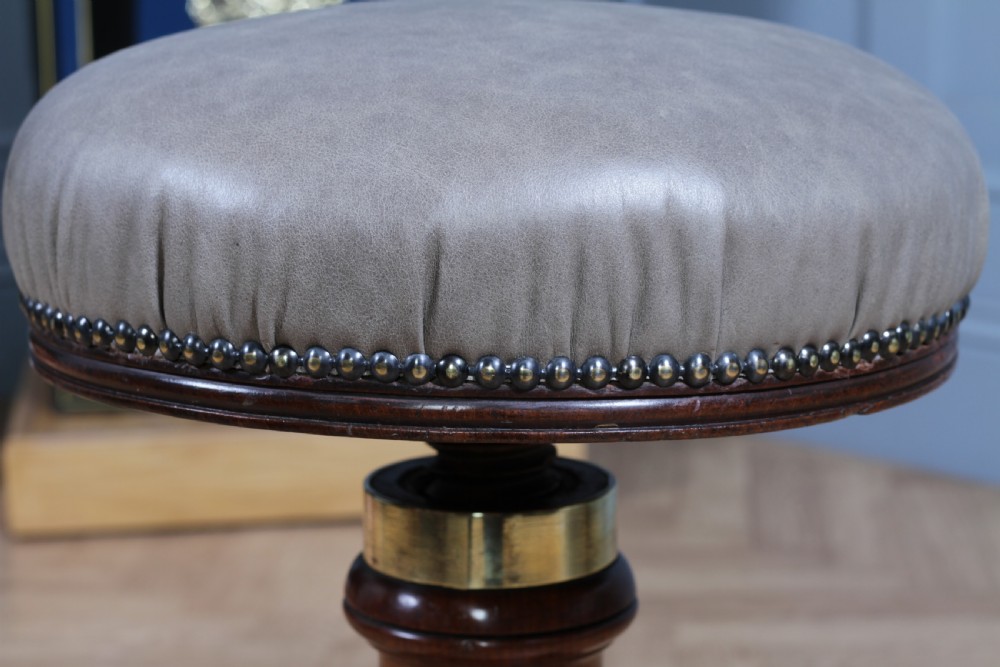 Antique Early Victorian Mahogany & Leather Revolving Piano Dressing Table Stool C1840 View VII