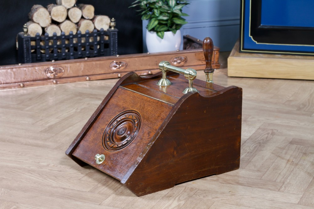 Antique Edwardian Art Nouveau Oak Carved Fireside Coal Purdonium Scuttle Box C1900 View II
