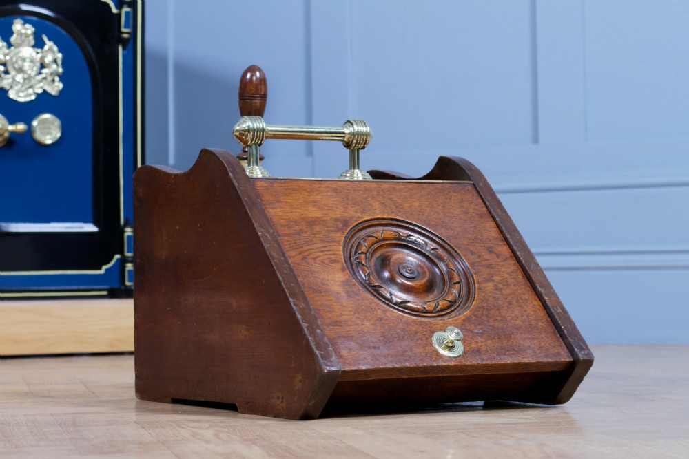Antique Edwardian Art Nouveau Oak Carved Fireside Coal Purdonium Scuttle Box C1900 View III