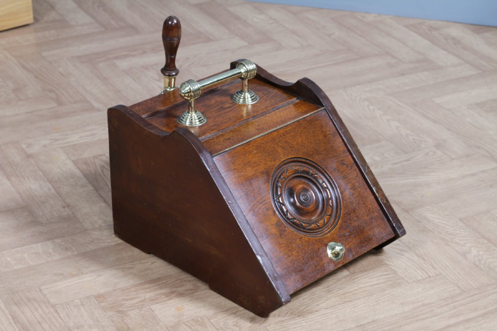 Antique Edwardian Art Nouveau Oak Carved Fireside Coal Purdonium Scuttle Box C1900 View XIV