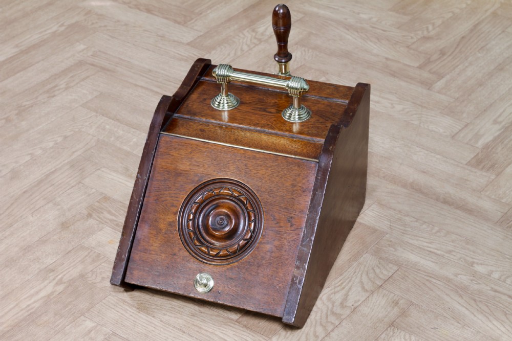 Antique Edwardian Art Nouveau Oak Carved Fireside Coal Purdonium Scuttle Box C1900 View XV