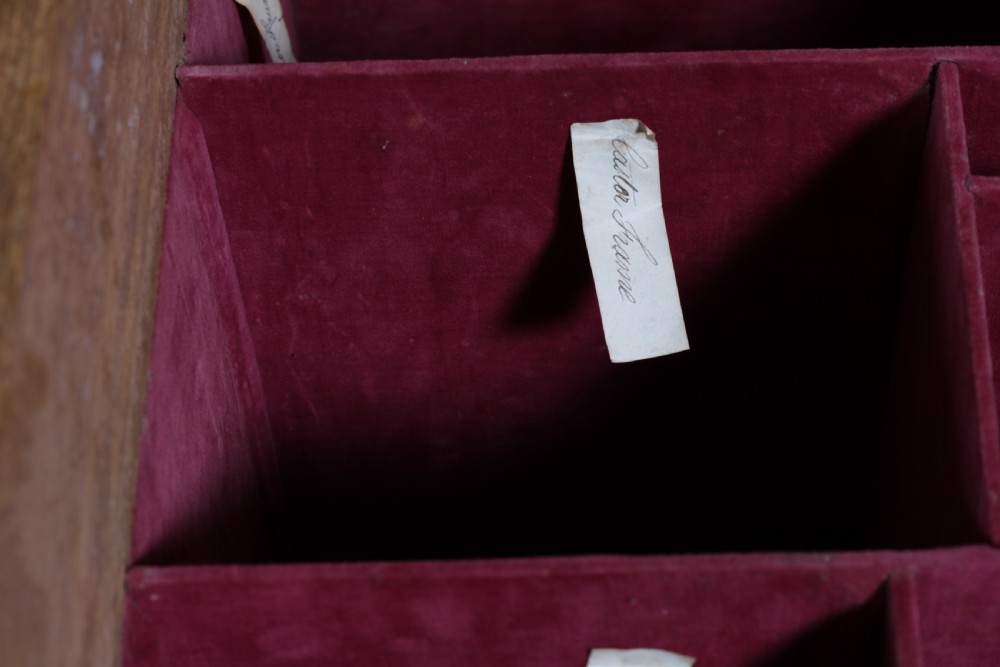 An open Victorian oak campaign trunk featuring brass-bound corners, a central brass keyhole escutcheon, and a fitted interior lined in deep red velvet. View XXIII