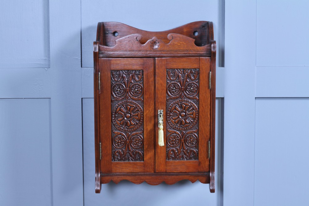 Small Antique Oak Arts & Crafts 2 door Hanging Smokers Pipe Cabinet View II