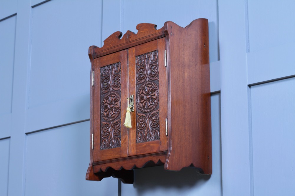 Small Antique Oak Arts & Crafts 2 door Hanging Smokers Pipe Cabinet View III