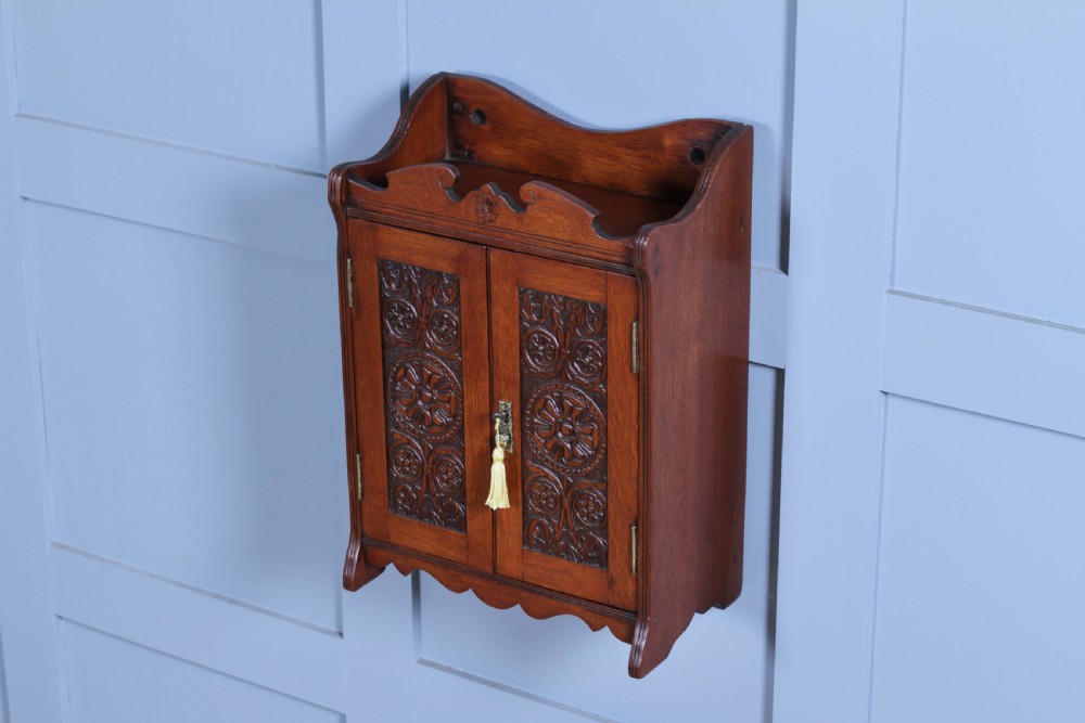 Small Antique Oak Arts & Crafts 2 door Hanging Smokers Pipe Cabinet View IV