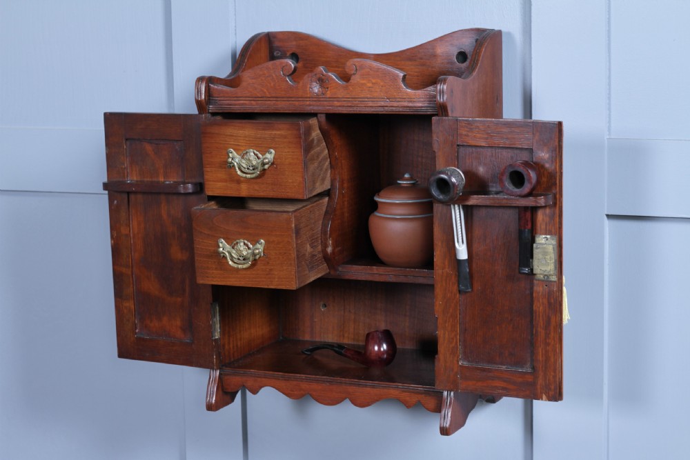 Small Antique Oak Arts & Crafts 2 door Hanging Smokers Pipe Cabinet View VI