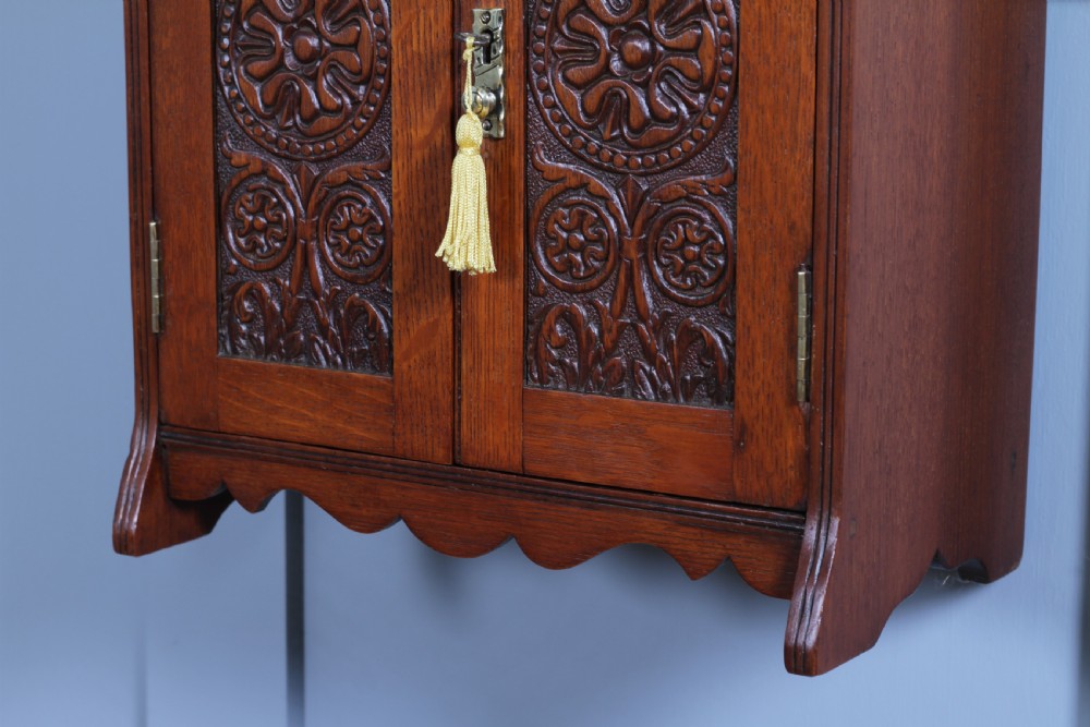 Small Antique Oak Arts & Crafts 2 door Hanging Smokers Pipe Cabinet View IX