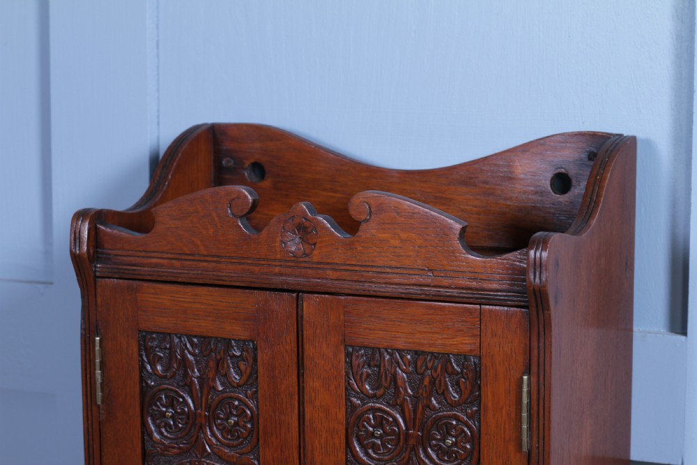 Small Antique Oak Arts & Crafts 2 door Hanging Smokers Pipe Cabinet View XI