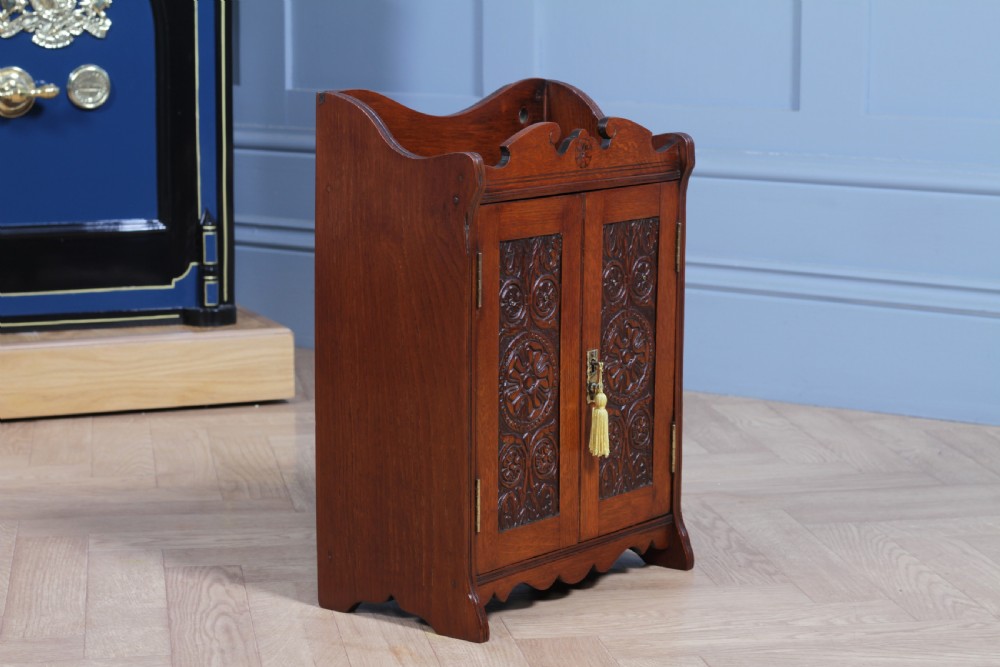 Small Antique Oak Arts & Crafts 2 door Hanging Smokers Pipe Cabinet View XVI