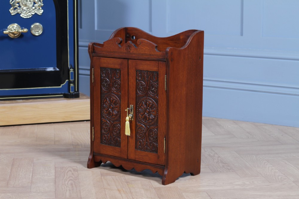 Small Antique Oak Arts & Crafts 2 door Hanging Smokers Pipe Cabinet View XVII