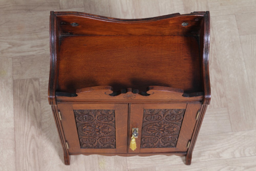 Small Antique Oak Arts & Crafts 2 door Hanging Smokers Pipe Cabinet View XIX