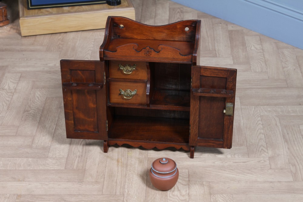 Small Antique Oak Arts & Crafts 2 door Hanging Smokers Pipe Cabinet View XXI
