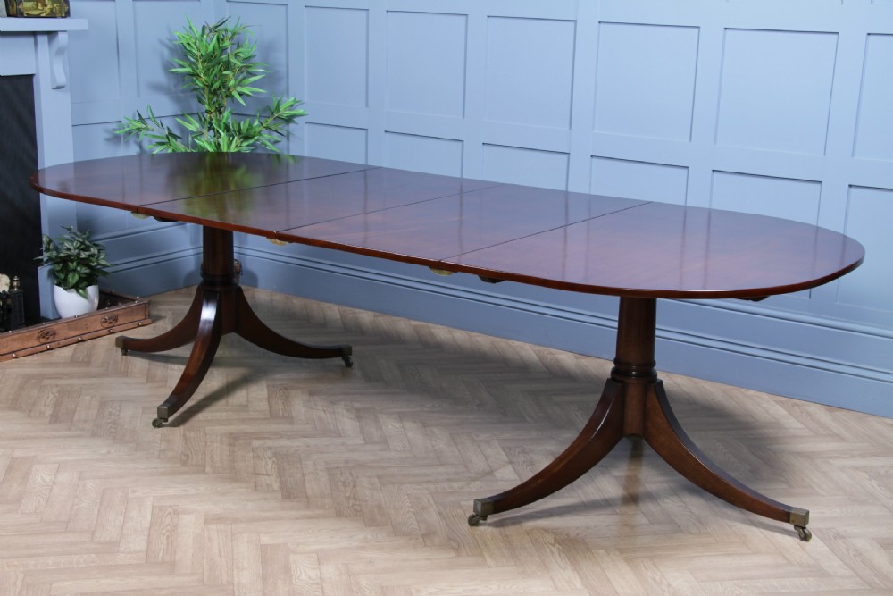 Antique 9ft Regency Revival Solid Mahogany Twin Pedestal 2 Leaf Dining Table C1900