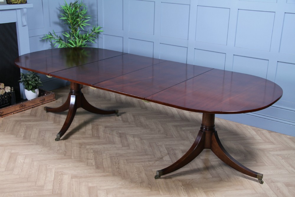 Antique 9ft Regency Revival Solid Mahogany Twin Pedestal 2 Leaf Dining Table C1900 View II