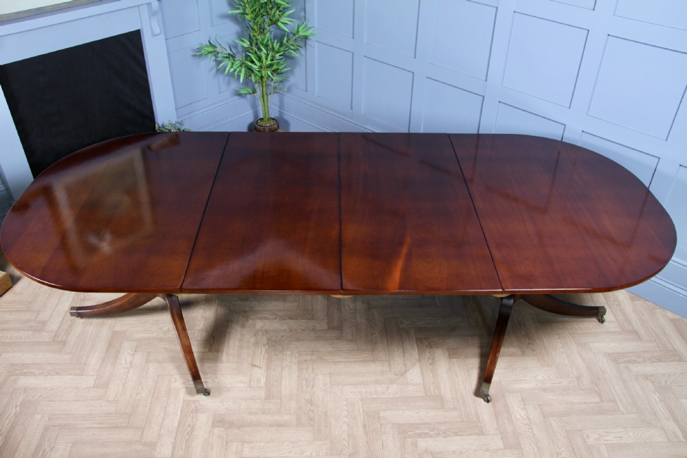 Antique 9ft Regency Revival Solid Mahogany Twin Pedestal 2 Leaf Dining Table C1900 View III