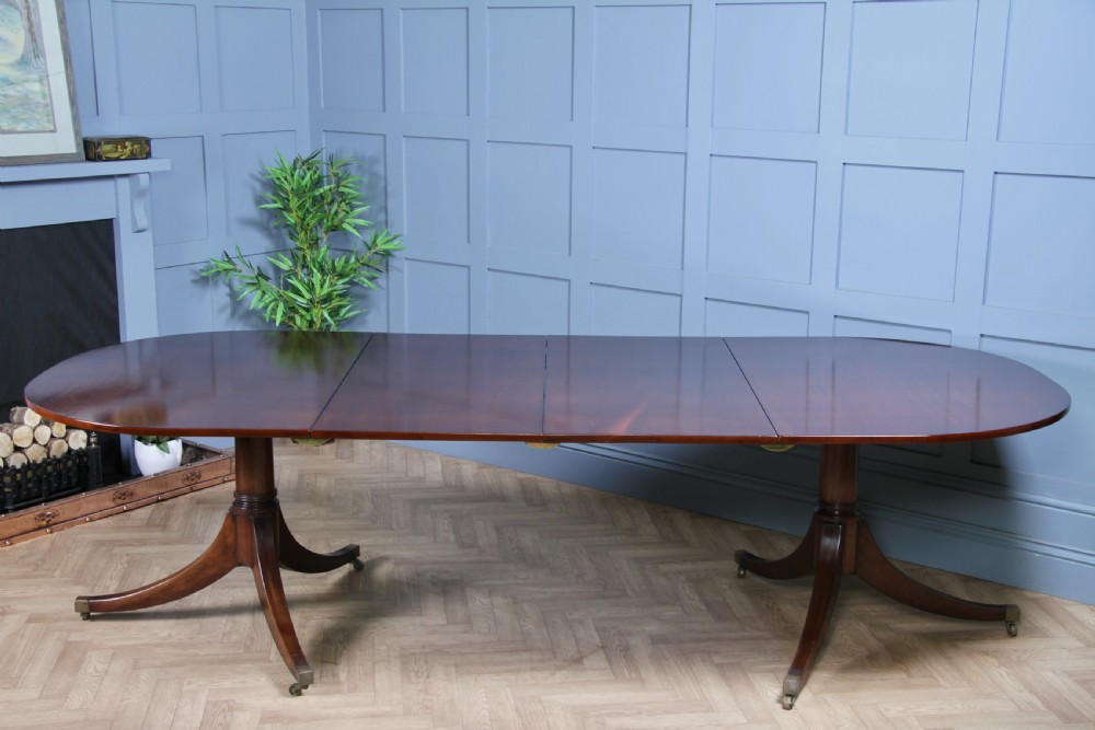 Antique 9ft Regency Revival Solid Mahogany Twin Pedestal 2 Leaf Dining Table C1900 View IV