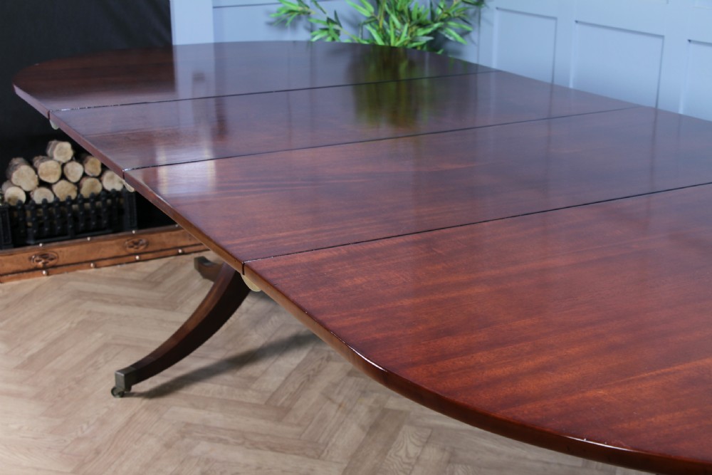 Antique 9ft Regency Revival Solid Mahogany Twin Pedestal 2 Leaf Dining Table C1900 View V