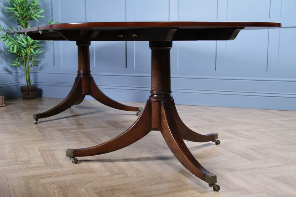Antique 9ft Regency Revival Solid Mahogany Twin Pedestal 2 Leaf Dining Table C1900 View X