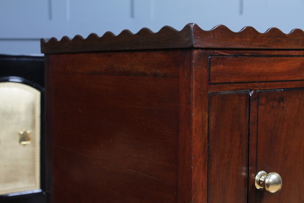 Antique Georgian Flame Grain Mahogany & Ebony Inlaid Tray Top Bedside Cupboard Lamp Side Table View X