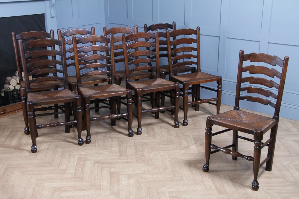 Titchmarsh & Goodwin Set of 9 Ladder Back Solid Oak Rush Seated Dining Chairs 8