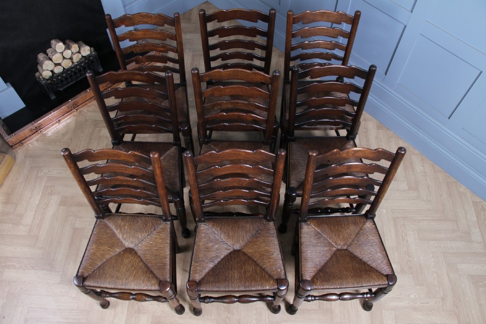 Titchmarsh & Goodwin Set of 9 Ladder Back Solid Oak Rush Seated Dining Chairs 8 View III