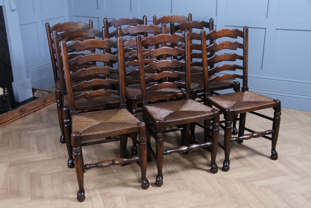 Titchmarsh & Goodwin Set of 9 Ladder Back Solid Oak Rush Seated Dining Chairs 8 View XII
