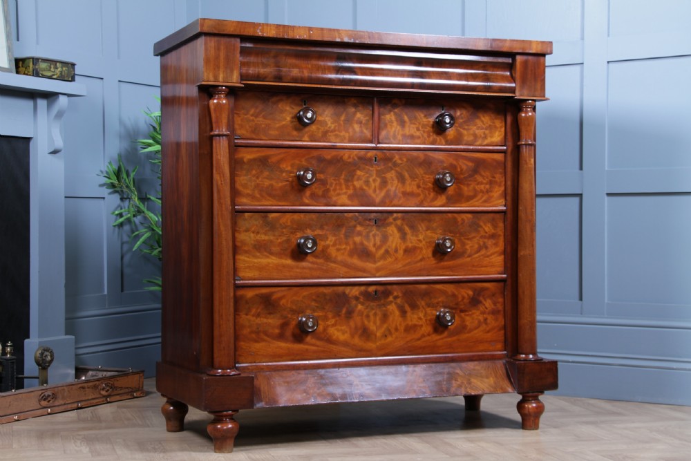 Original Antique Victorian Flame Grain Tall Mahogany Scottish Chest of 6 Drawers