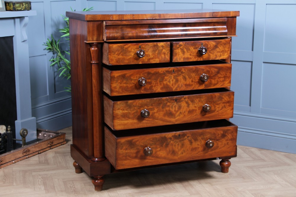 Original Antique Victorian Flame Grain Tall Mahogany Scottish Chest of 6 Drawers View IV