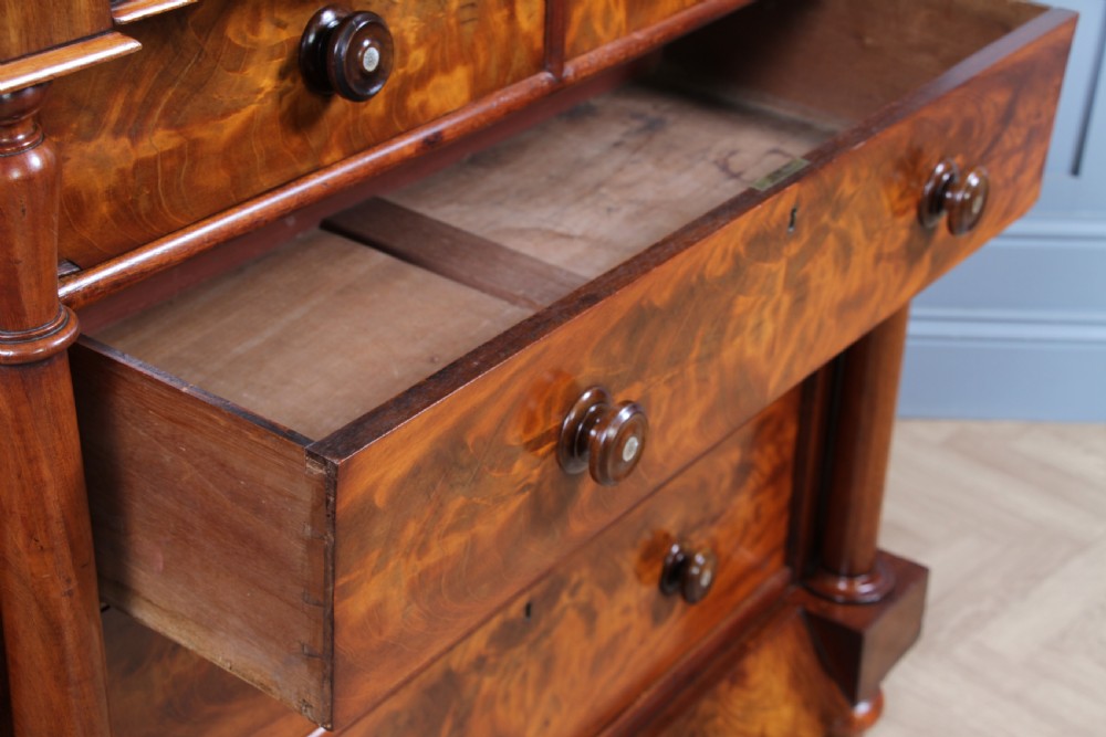 Original Antique Victorian Flame Grain Tall Mahogany Scottish Chest of 6 Drawers View V