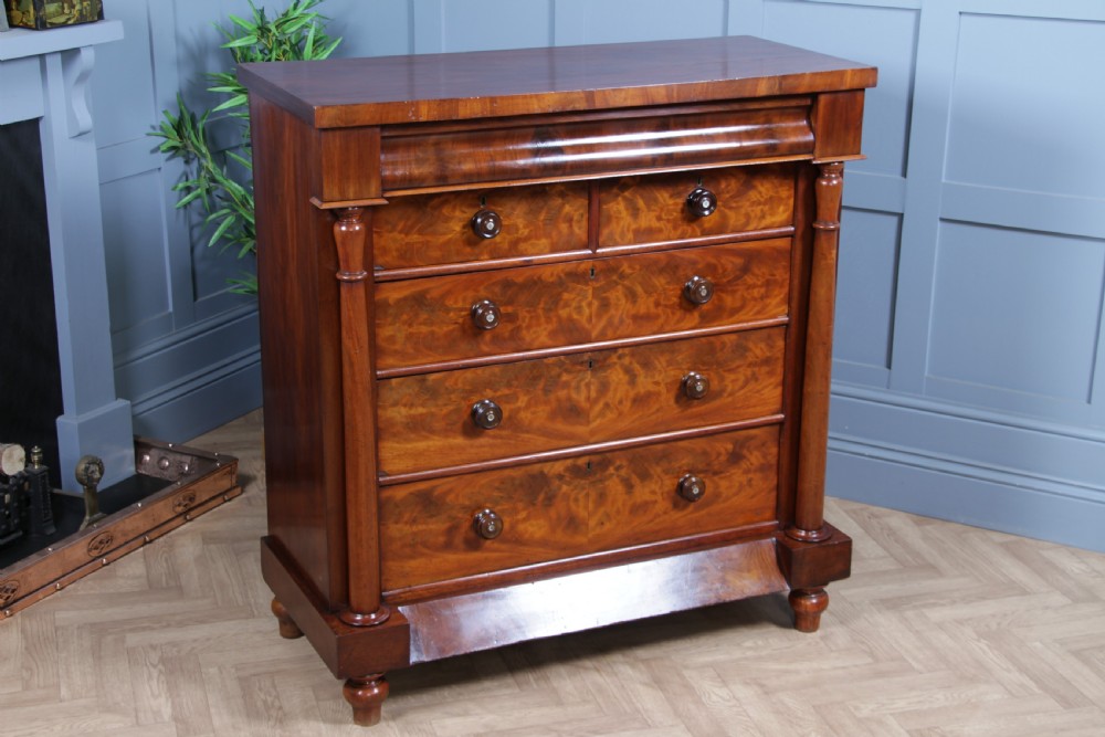 Original Antique Victorian Flame Grain Tall Mahogany Scottish Chest of 6 Drawers View VI