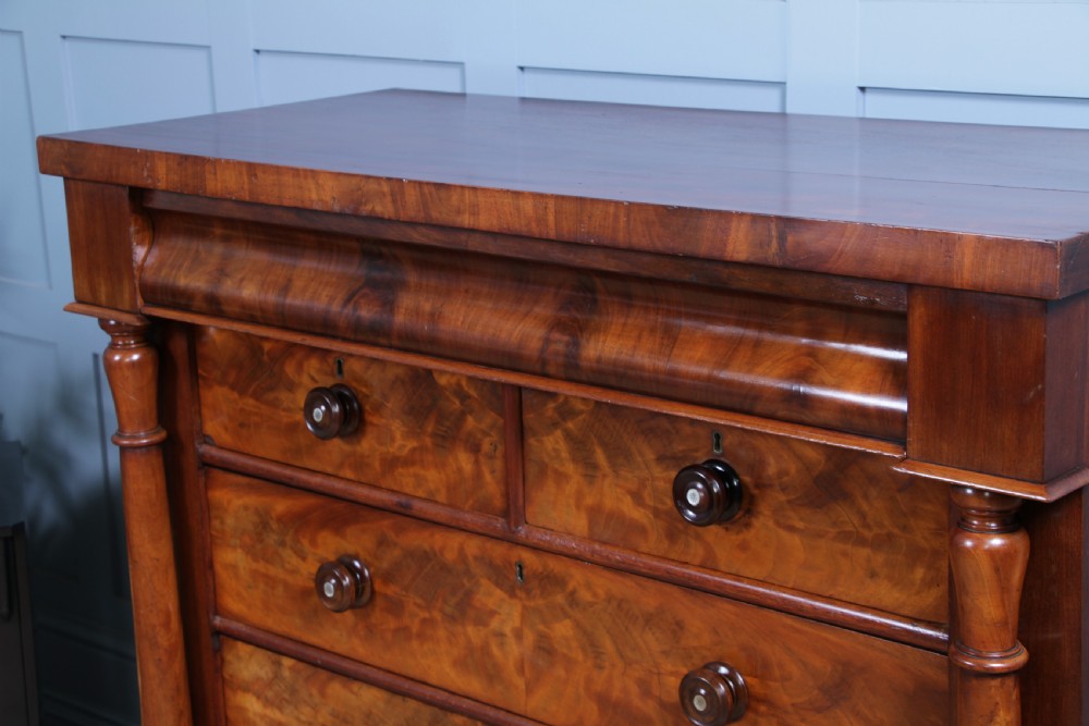 Original Antique Victorian Flame Grain Tall Mahogany Scottish Chest of 6 Drawers View IX