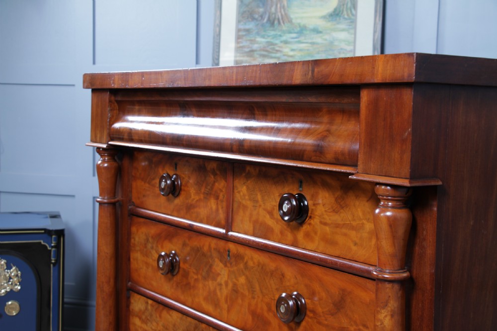 Original Antique Victorian Flame Grain Tall Mahogany Scottish Chest of 6 Drawers View X
