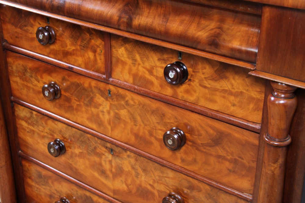Original Antique Victorian Flame Grain Tall Mahogany Scottish Chest of 6 Drawers View XI