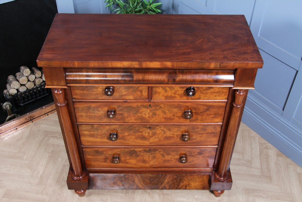 Original Antique Victorian Flame Grain Tall Mahogany Scottish Chest of 6 Drawers View XII