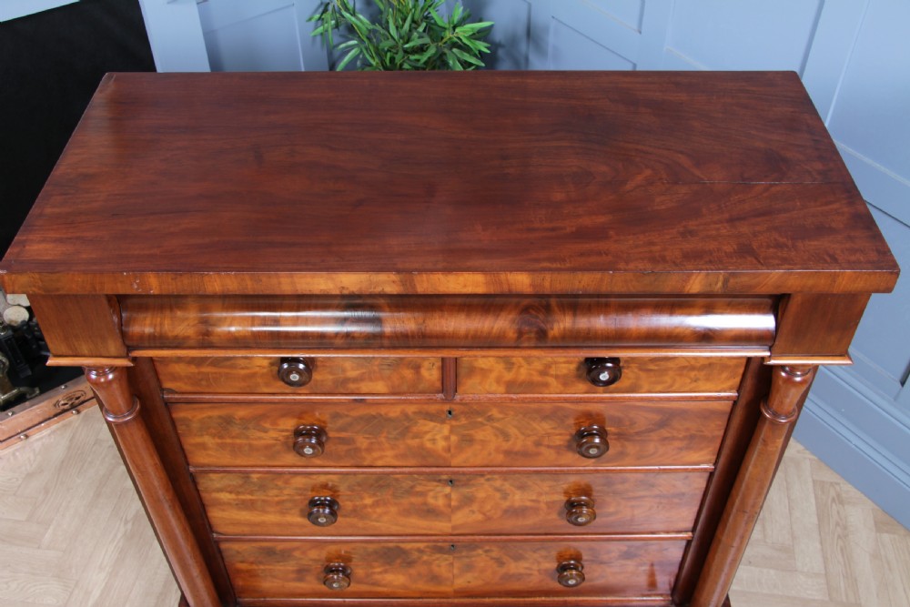 Original Antique Victorian Flame Grain Tall Mahogany Scottish Chest of 6 Drawers View XIII