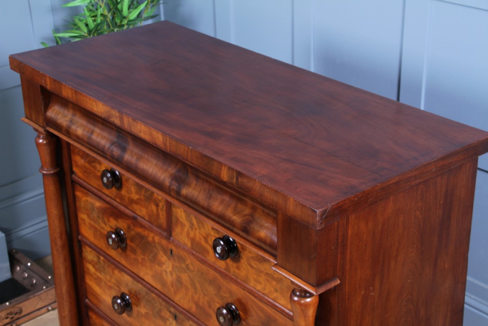 Original Antique Victorian Flame Grain Tall Mahogany Scottish Chest of 6 Drawers View XV