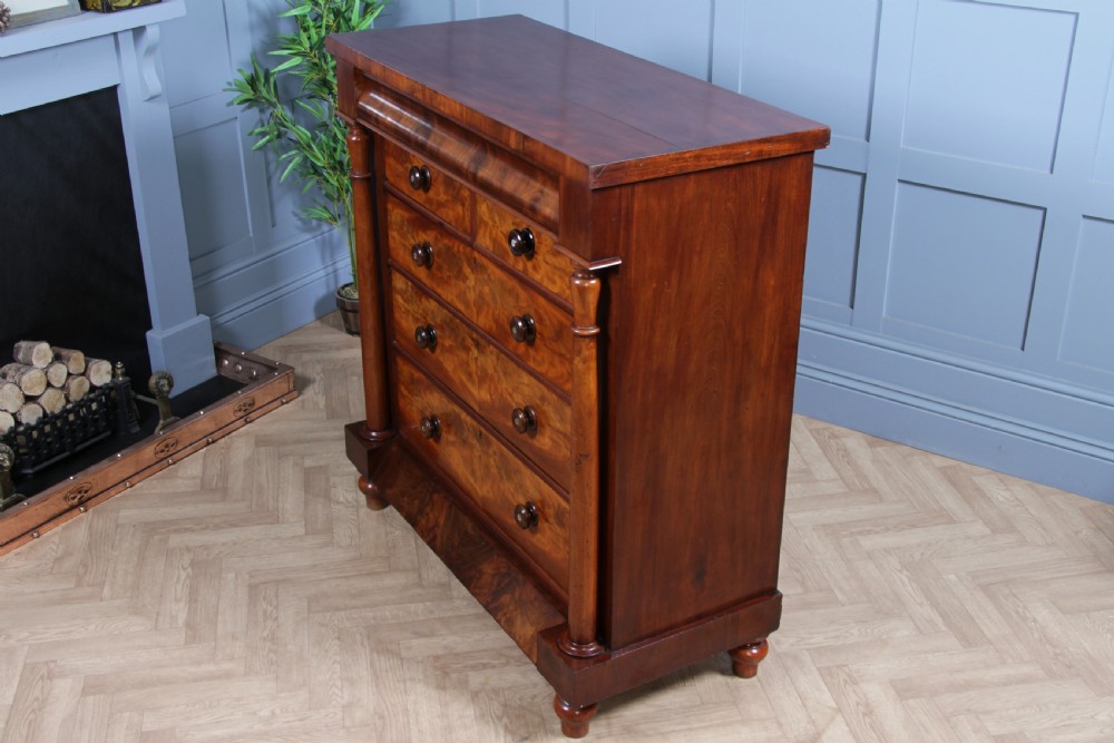 Original Antique Victorian Flame Grain Tall Mahogany Scottish Chest of 6 Drawers View XVI