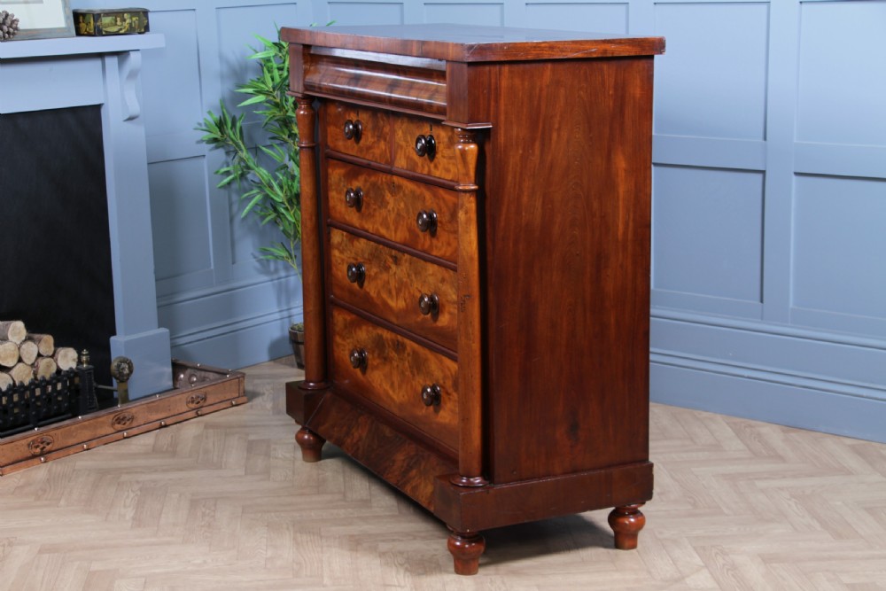 Original Antique Victorian Flame Grain Tall Mahogany Scottish Chest of 6 Drawers View XVII