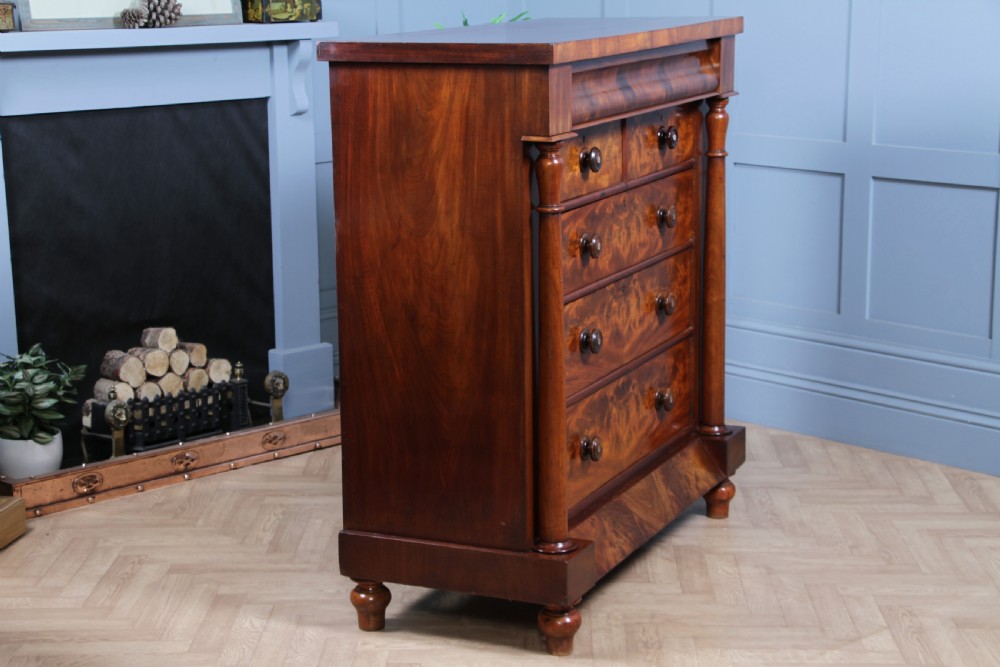 Original Antique Victorian Flame Grain Tall Mahogany Scottish Chest of 6 Drawers View XVIII