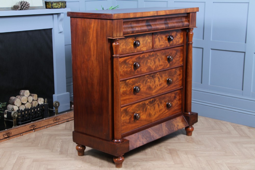 Original Antique Victorian Flame Grain Tall Mahogany Scottish Chest of 6 Drawers View XIX