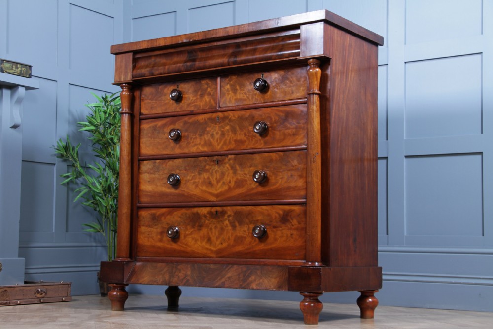 Original Antique Victorian Flame Grain Tall Mahogany Scottish Chest of 6 Drawers View XX