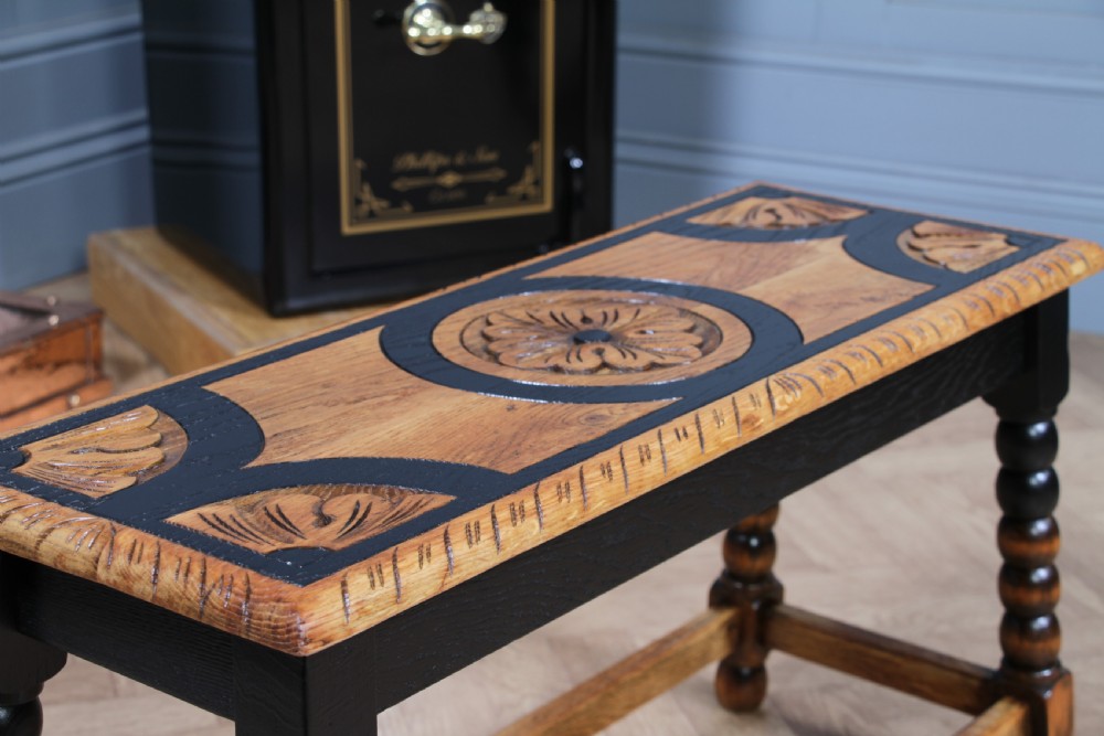 Vintage Oak & Black Carved Bobbin Turned Small Coffee Table View IV