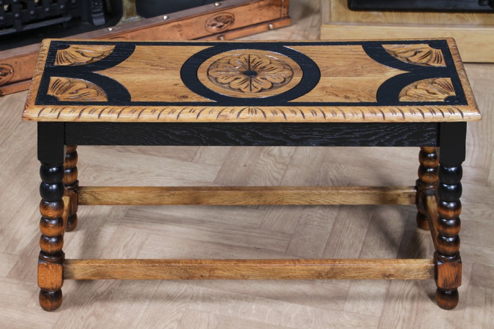 Vintage Oak & Black Carved Bobbin Turned Small Coffee Table View VI