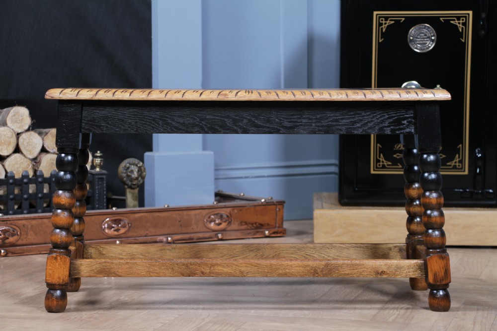 Vintage Oak & Black Carved Bobbin Turned Small Coffee Table View X