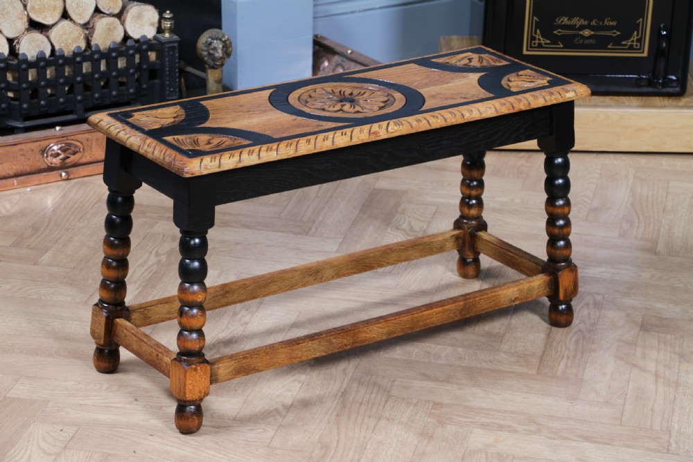 Vintage Oak & Black Carved Bobbin Turned Small Coffee Table View XII