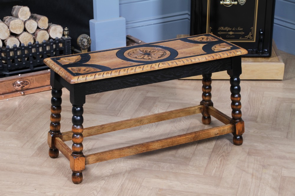 Vintage Oak & Black Carved Bobbin Turned Small Coffee Table View XVII